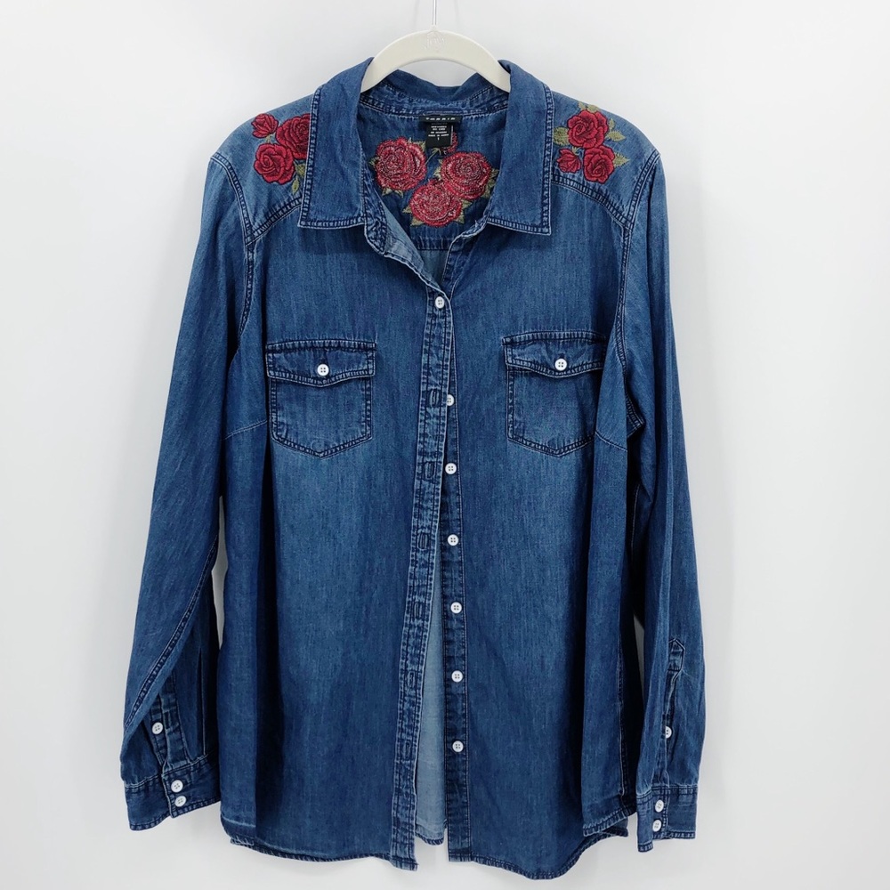 TORRID Rose Embroidered Chambray Denim Shirt 1X